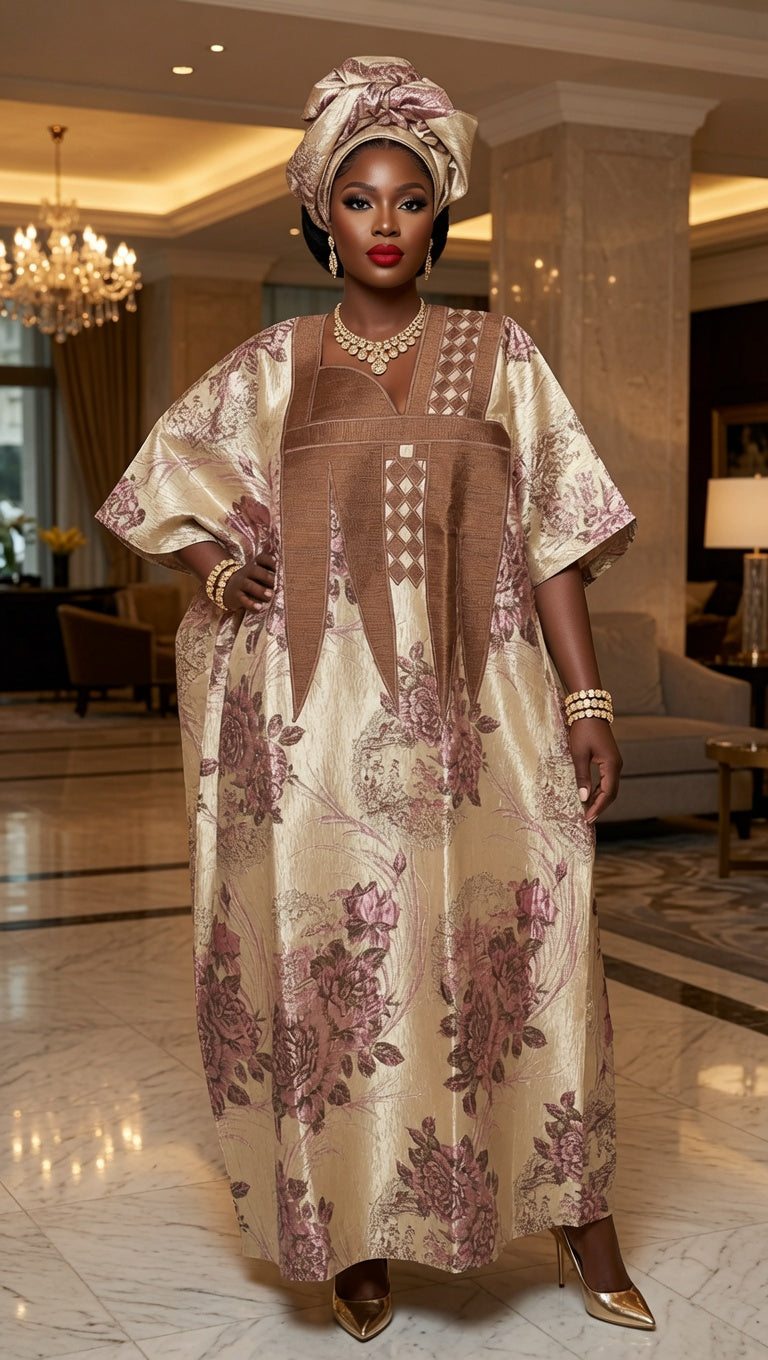 Luxe Floral Brocade Kaftan with Matching Gele