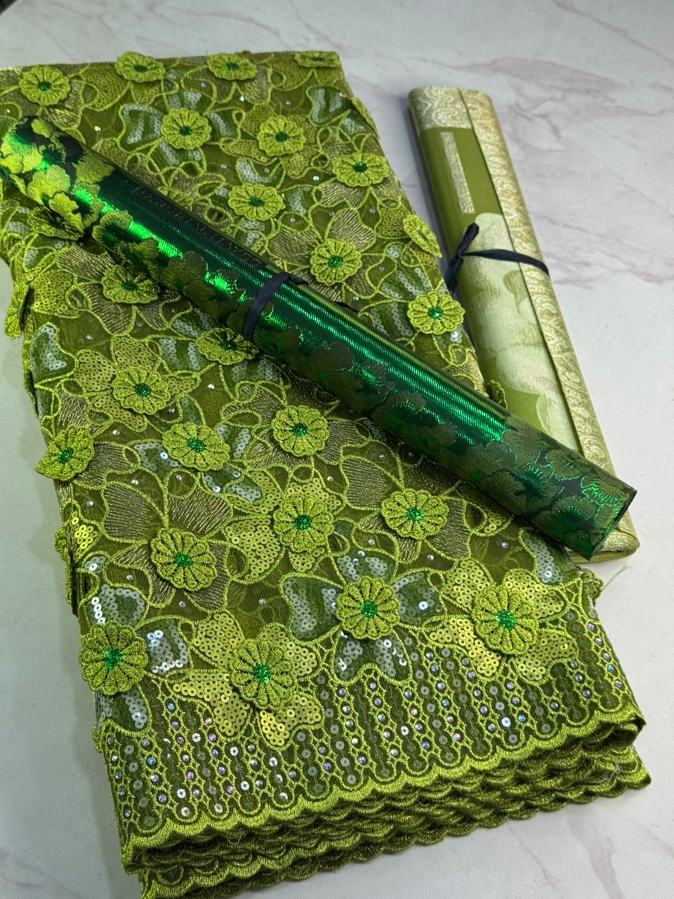 Luxury Lime Green African French Tulle Lace with 3D Floral Sequin Embellishments – 5 Yards