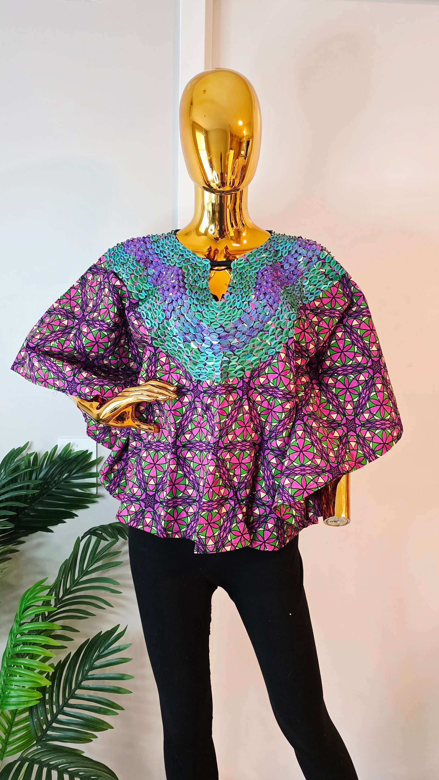 African Print Sequin Yoke Batwing Top