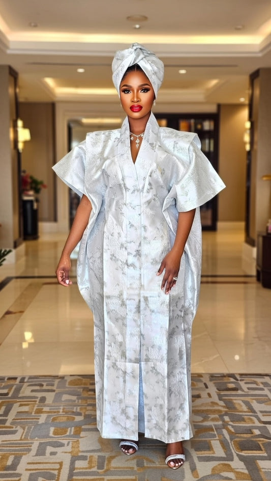 Luxury White African Brocade Lace Boubou with Gele