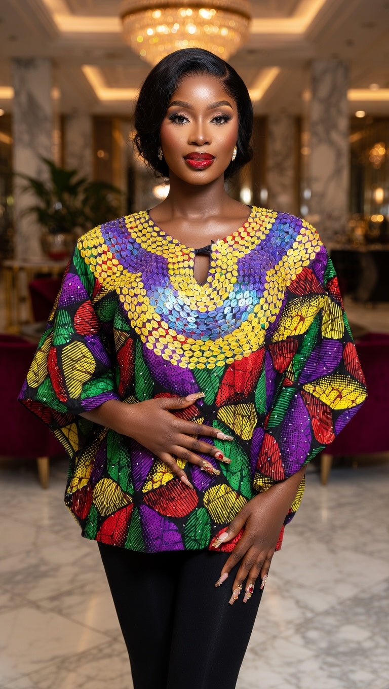 African Print Sequin Yoke Batwing Top