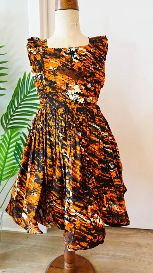 Amber & Black Ankara Print Girls' Dress with Ruffle Shoulders & Full Twirl Skirt