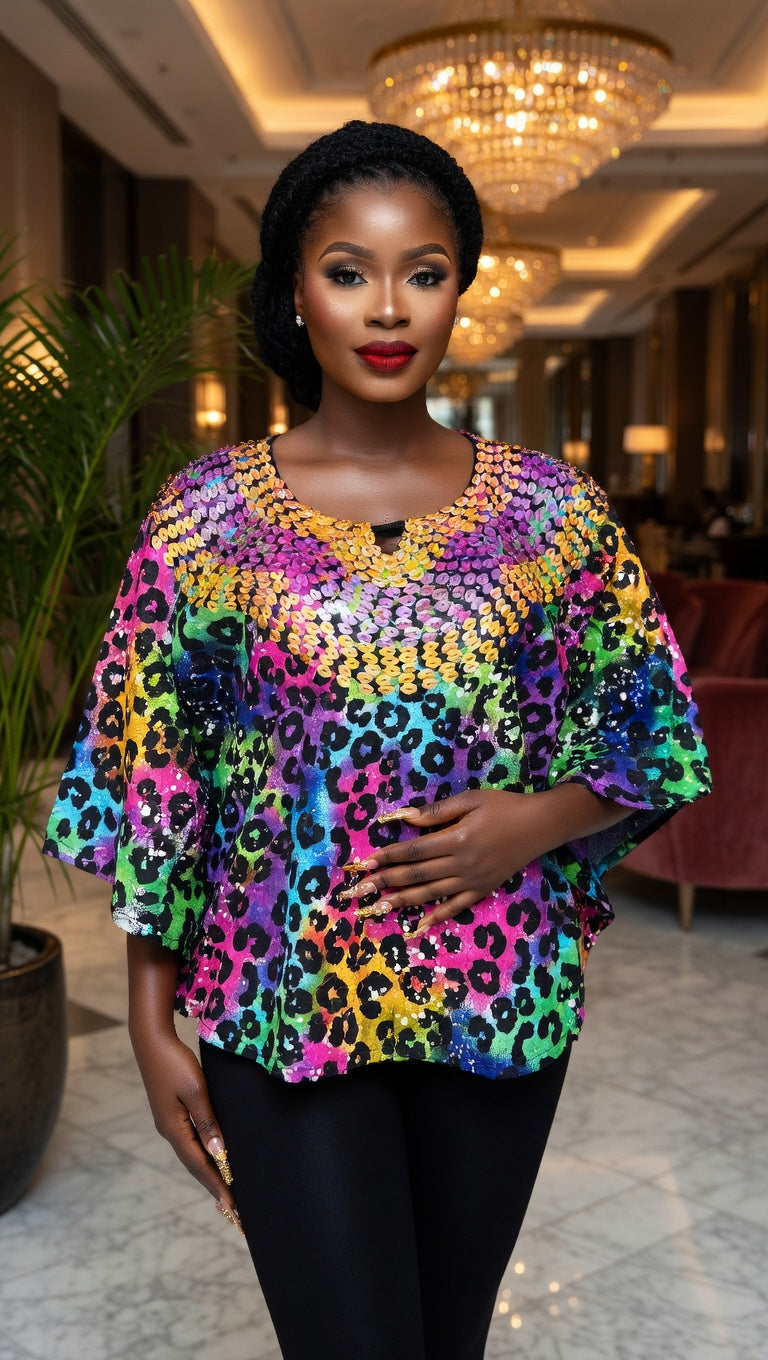 African Print Sequin Yoke Batwing Top