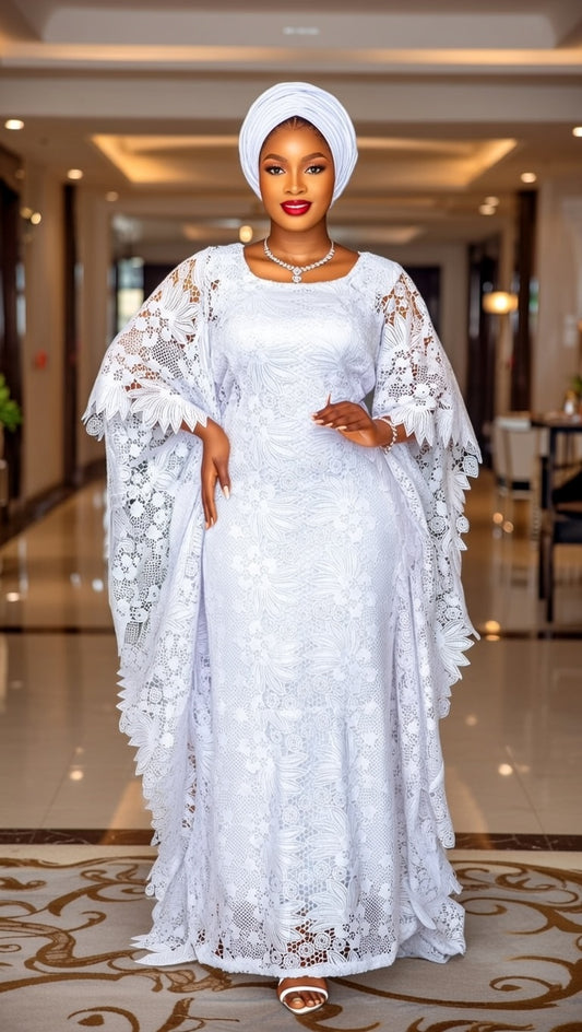 Elegant White Lace Kaftan with Gele - Premium African Outfit Inner NOT Included