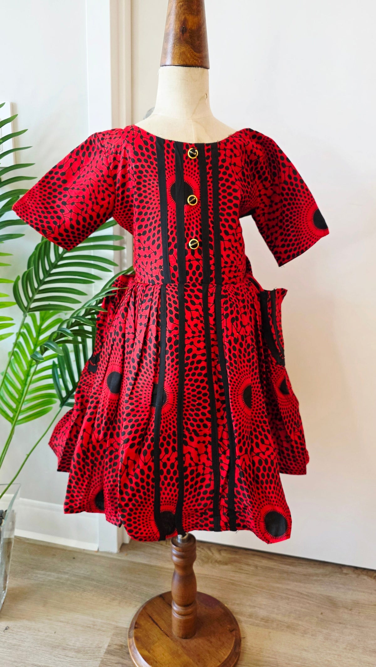Red & Black Ankara Print Girls' Dress with Gold Button Front Detail Age 3-4