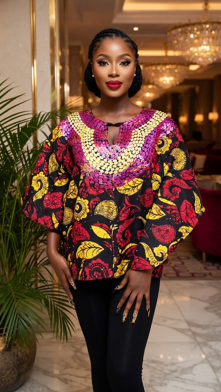 African Print Sequin Yoke Batwing Top