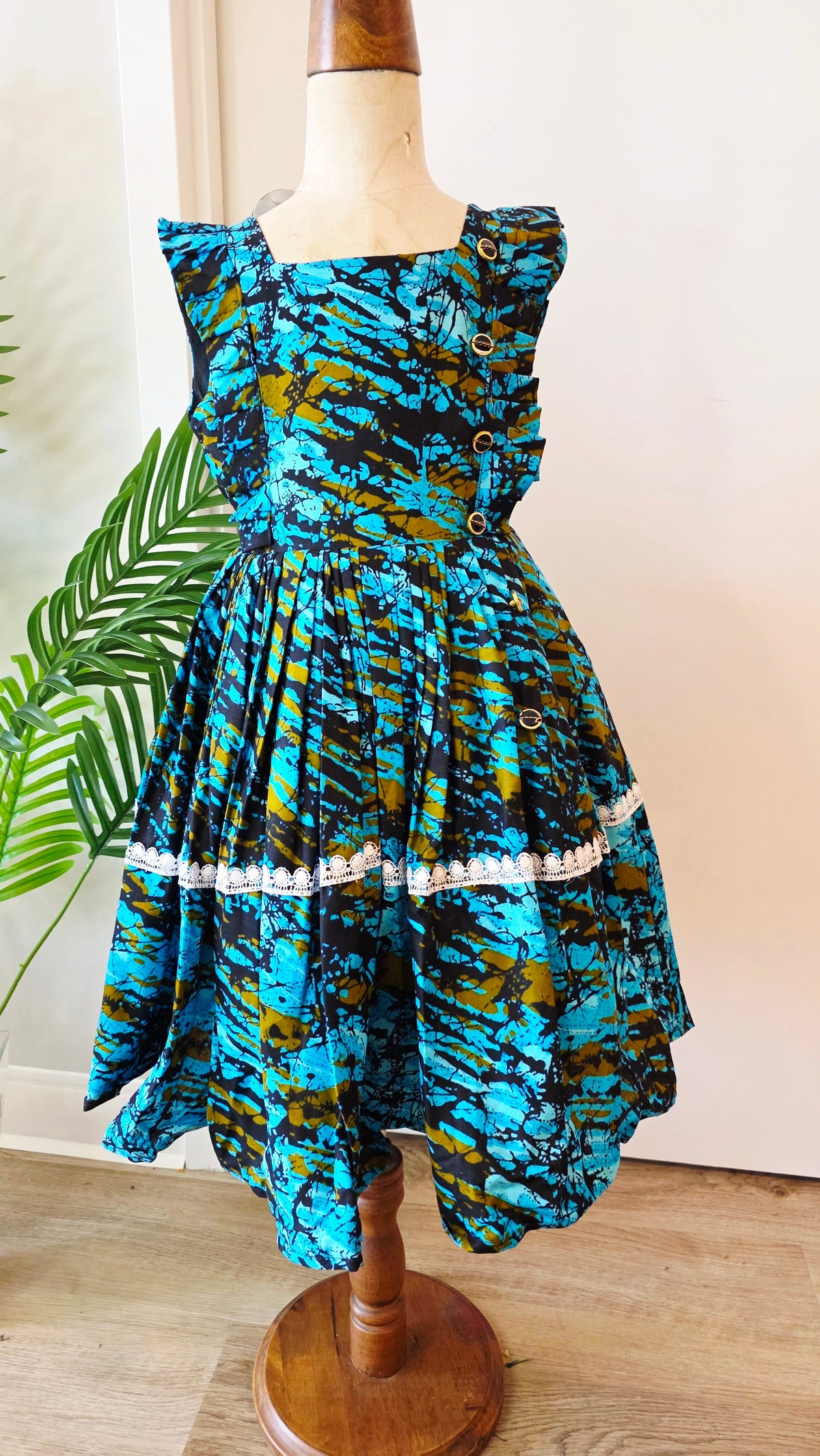 Teal & Olive Ankara Print Girls' Dress with Ruffle Shoulders, Gold Rings & Lace Trim Age 3-4