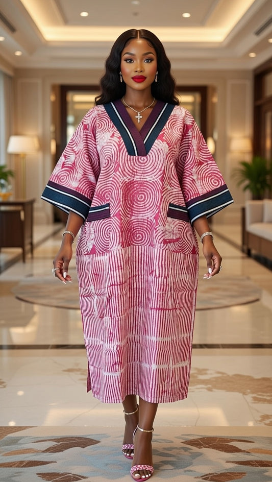 Pink Adire Kaftan with Spiral Patterns Perfect for L and XL