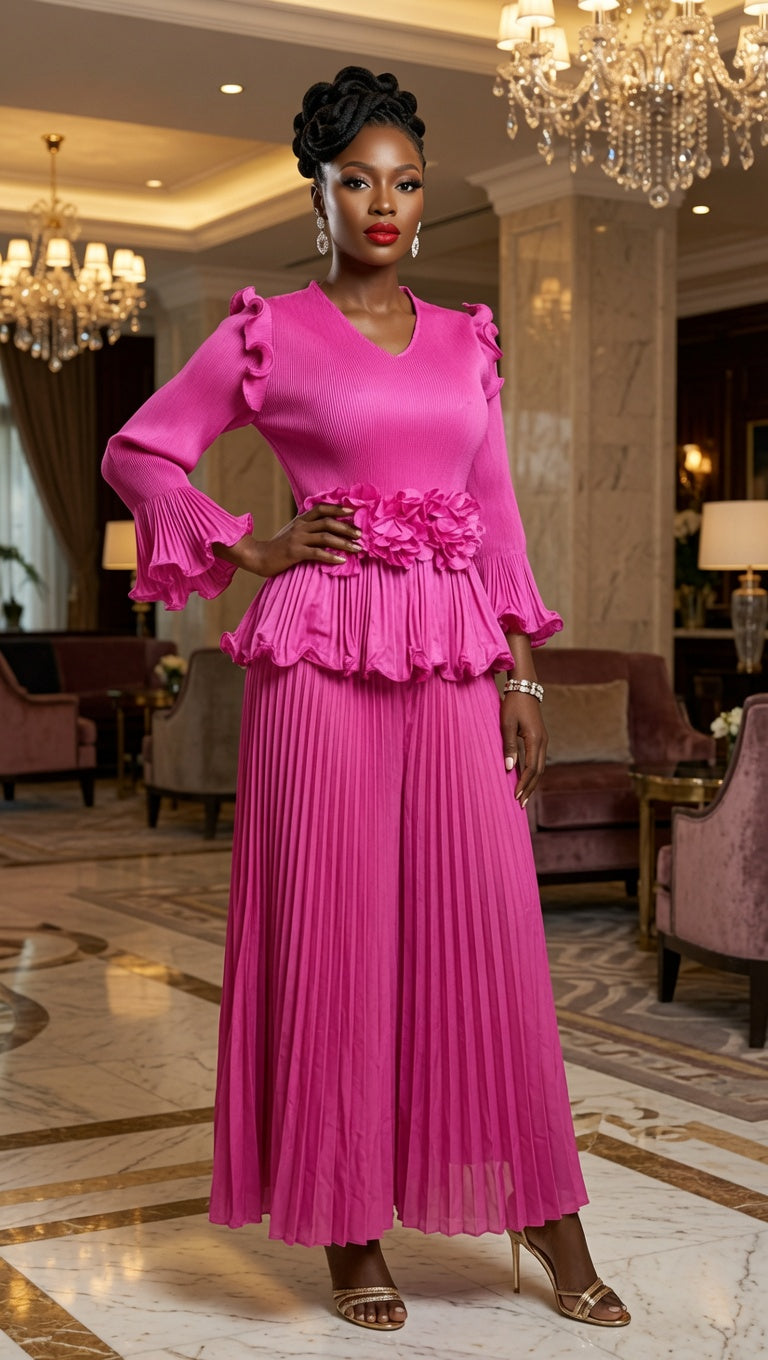 2pcs Pleated Ruffle Peplum and Maxi Pant - MAX01