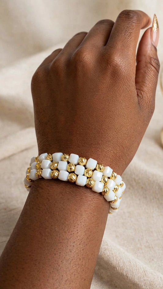 White & Gold Cube Bead Stretch Bracelet Stack - 3pcs