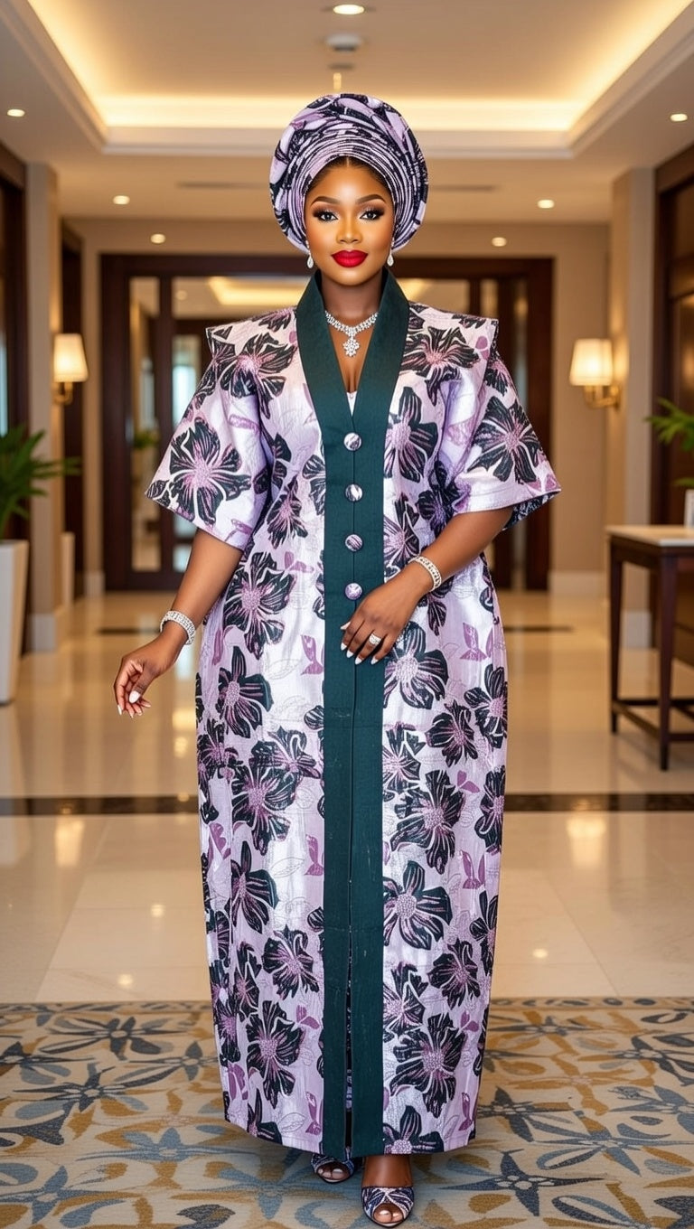 Luxury Brocade Kaftan Gown with Aso Oke - Purple & Teal