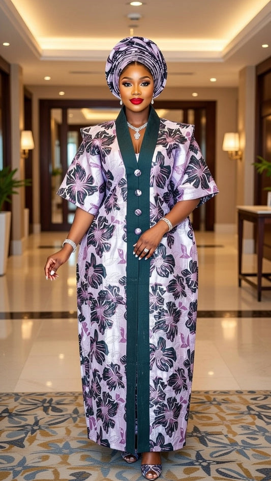 Luxury Brocade Kaftan Gown with Aso Oke - Purple & Teal