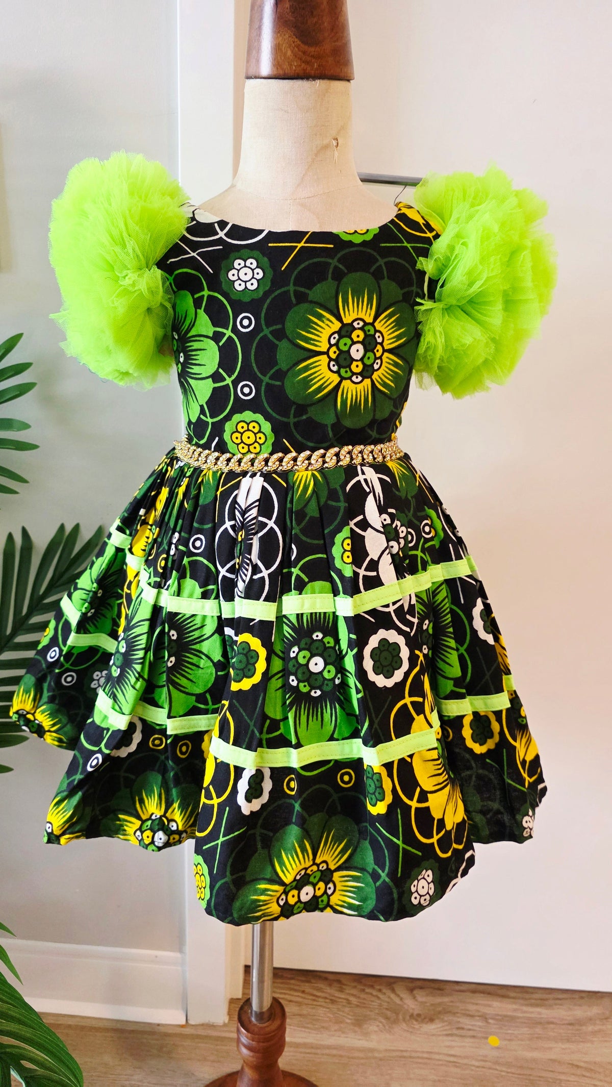 Girls African Print Bubble Dress with Tulle Sleeves Age 1-2