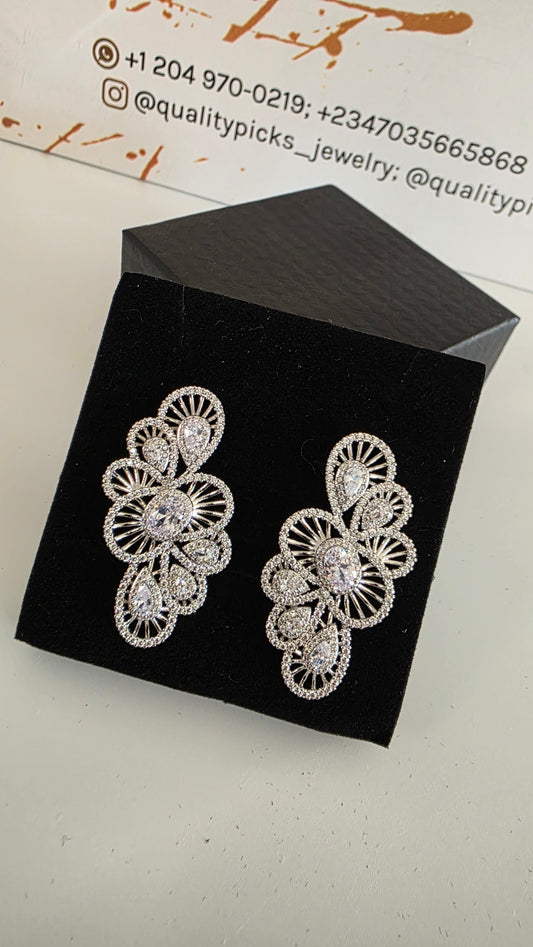 Luxury Crystal Floral Statement Earrings - Silver
