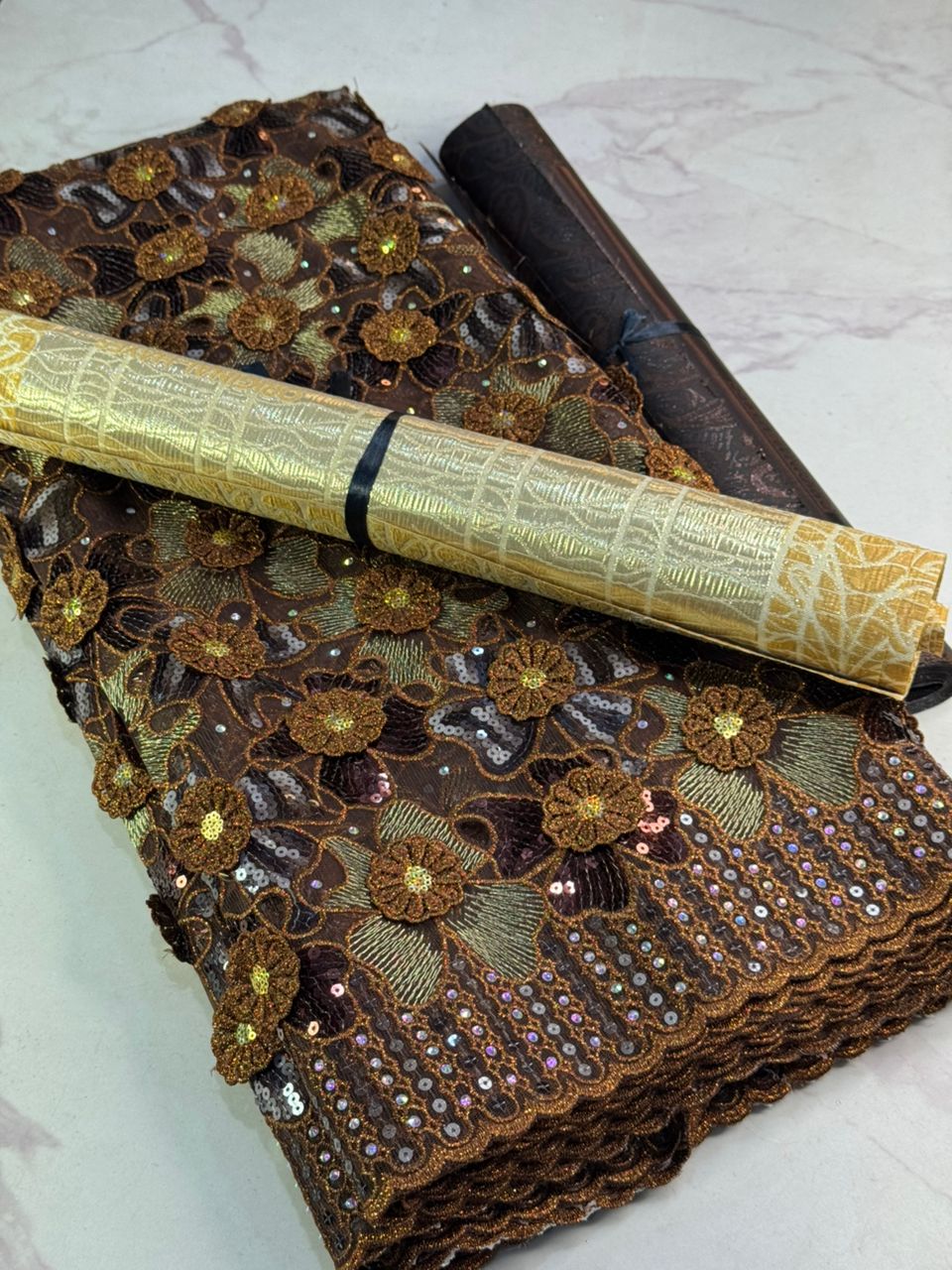 Luxury Brown Sequin Lace Fabric – 5 Yards