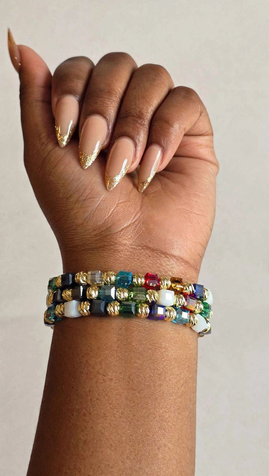 Multicolour Crystal & Gold Cube Bead Bracelet Stack – Set of 3