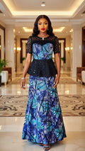 Luxe Blue African Print Peplum Gown
