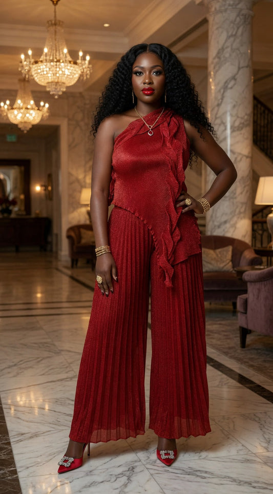 Pleated Ruffle One-Shoulder Set