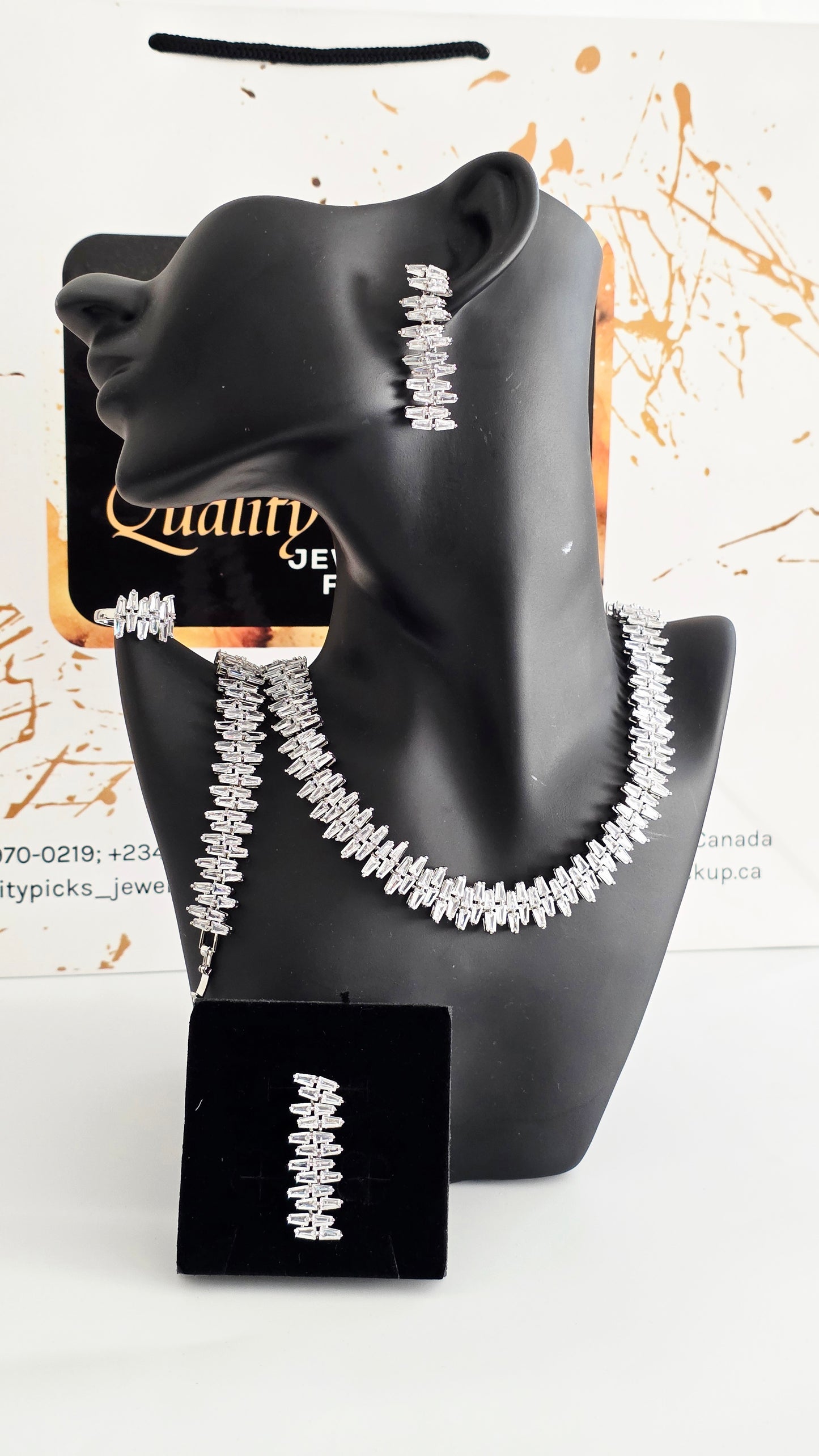 Luxury Baguette-Cut Cubic Zirconia Jewelry Set - Statement Necklace, Earrings & Bracelet