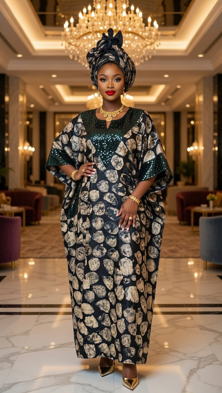 Elegant Cotton Adire Dress with Sequins - Green Floral Kaftan Gown