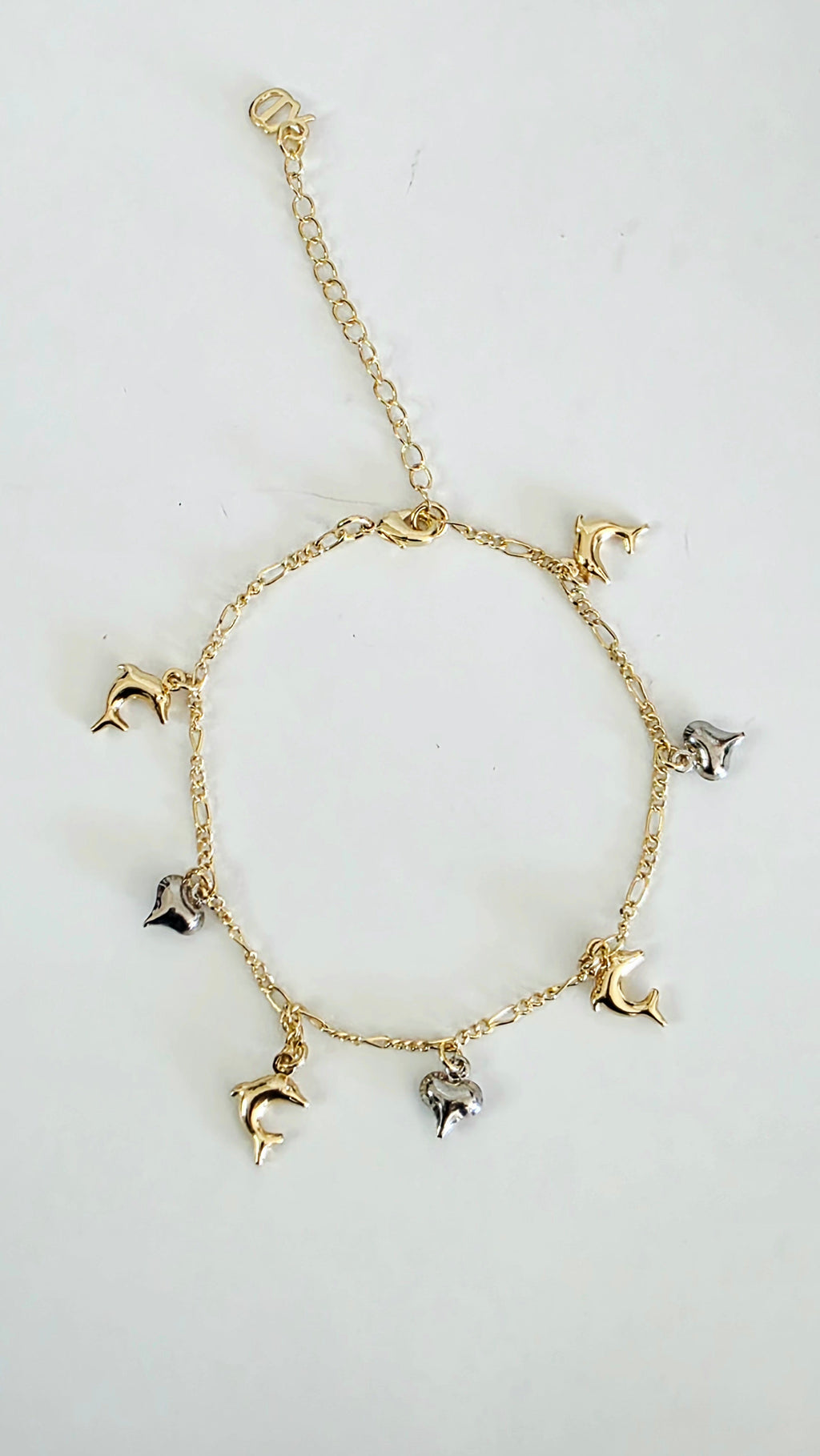 Gold Dolphin & Heart Charm Anklet