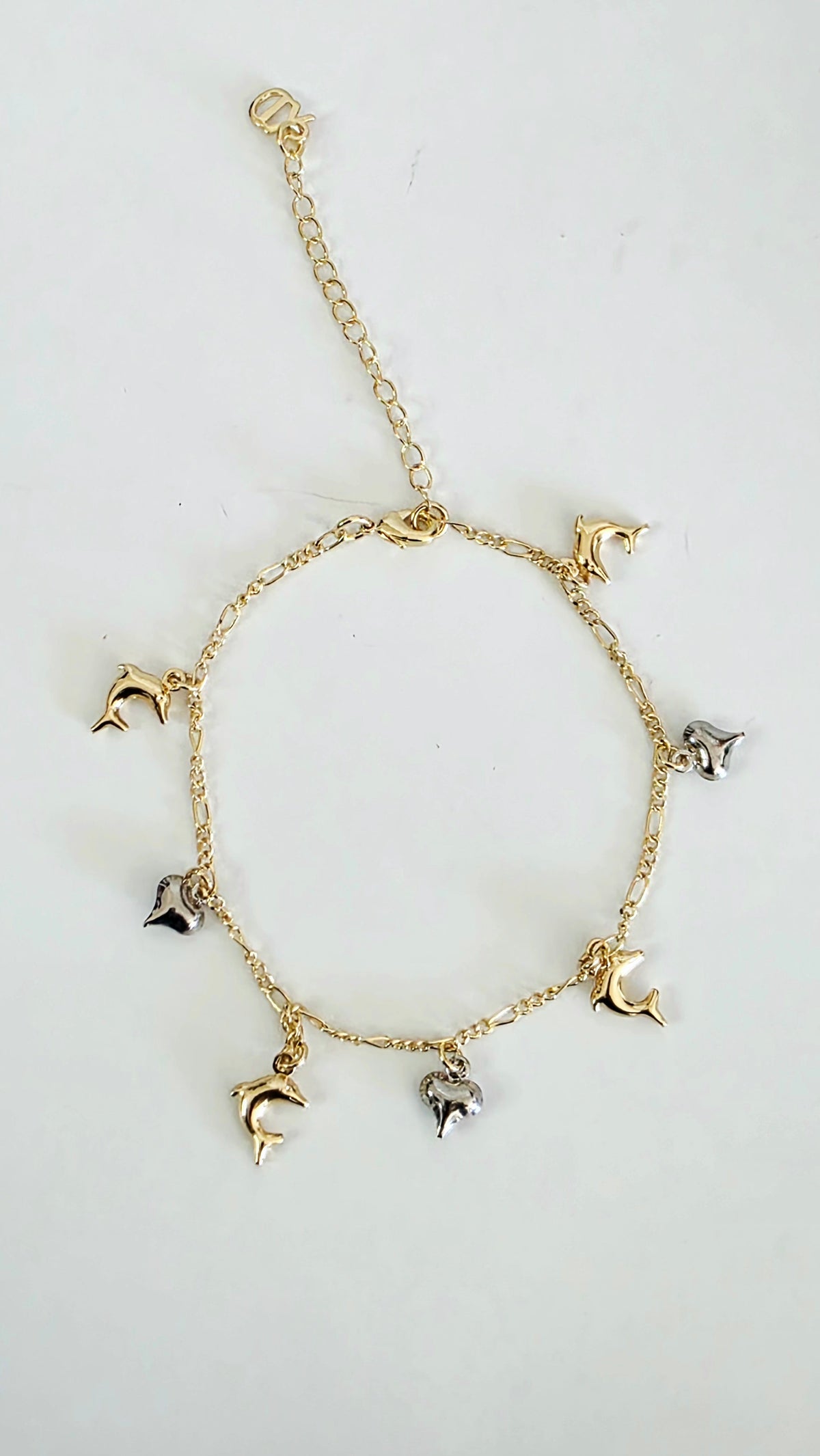 Gold Dolphin & Heart Charm Anklet