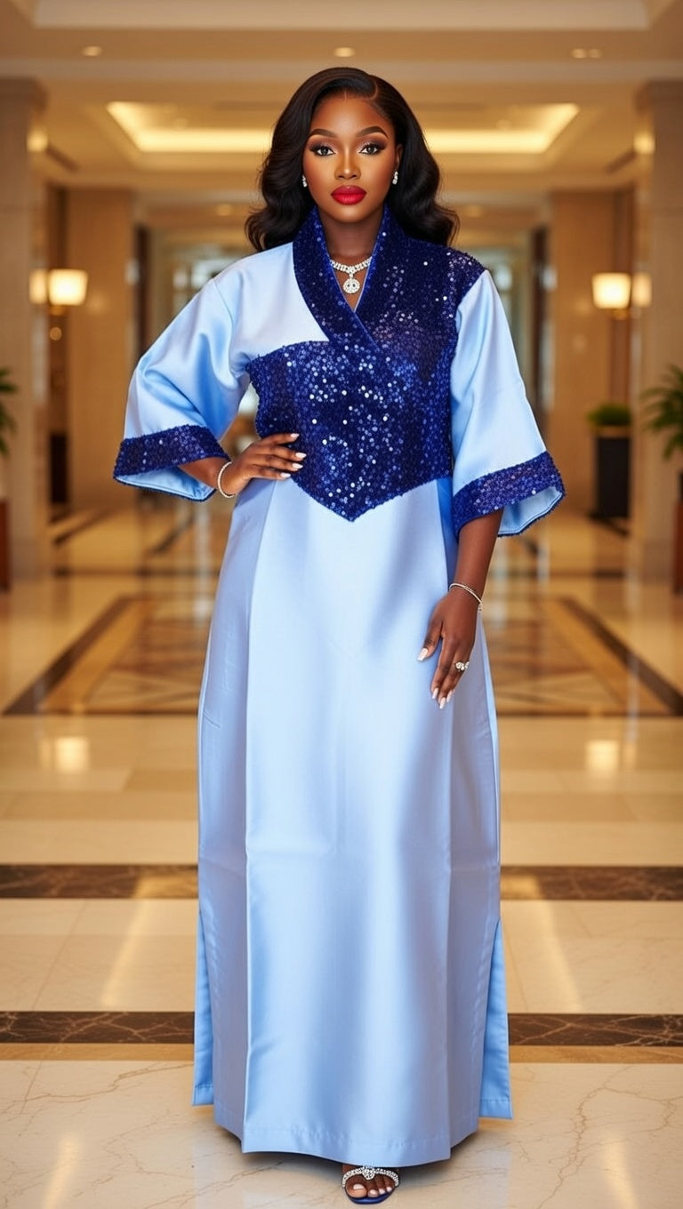 Elegant Sky Blue & Navy Sequin Kaftan - Premium African Fashion Boubou with free headwrap