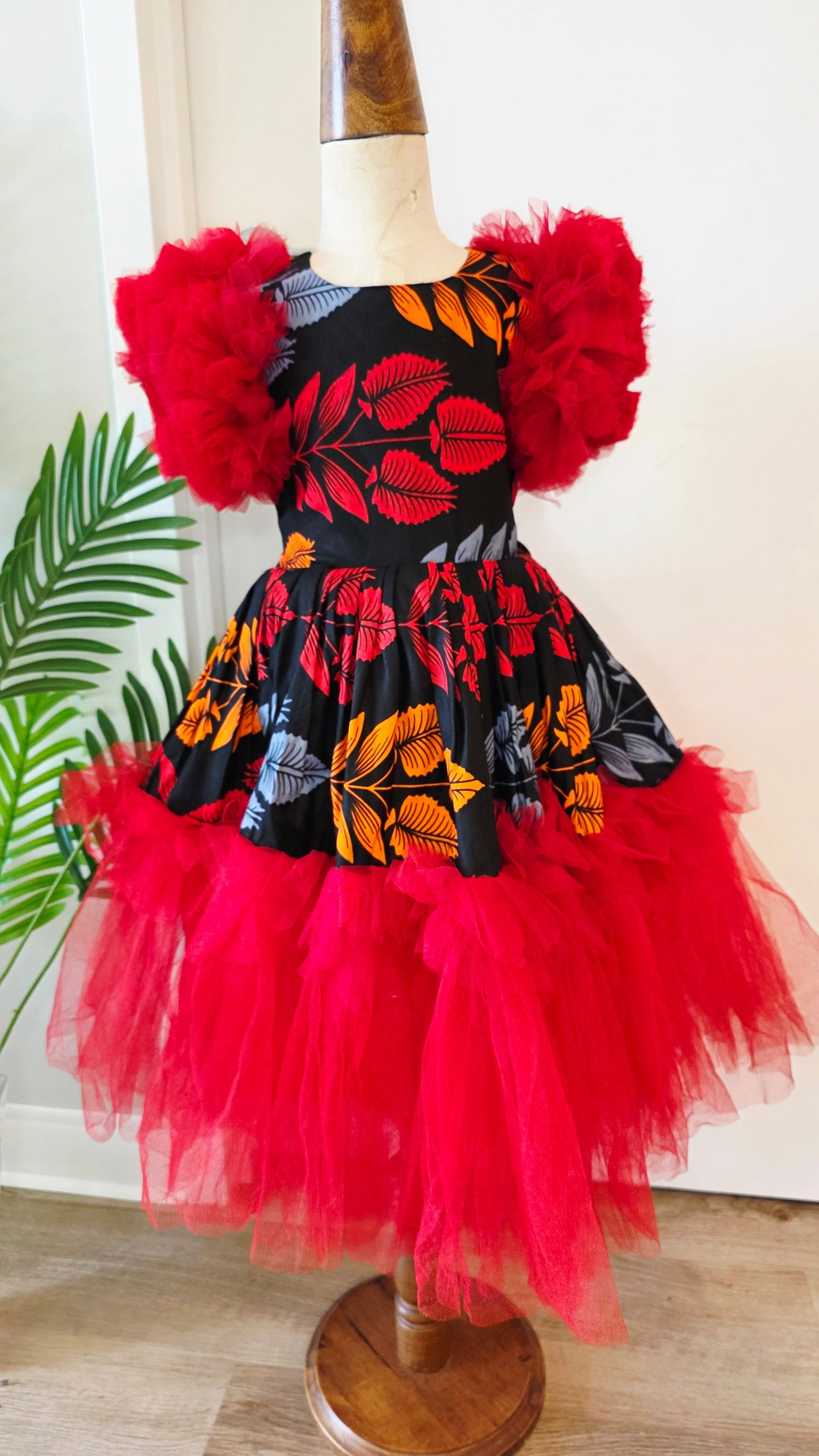 African Leaf Print Girls' Dress with Red Tulle Puff Sleeves & Dramatic Tulle Skirt Age 3-4