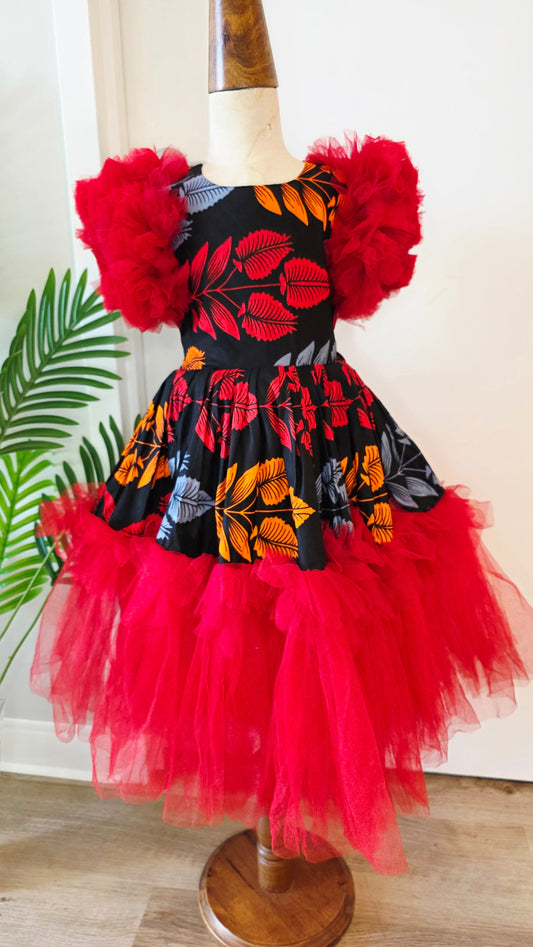 African Leaf Print Girls' Dress with Red Tulle Puff Sleeves & Dramatic Tulle Skirt Age 3-4