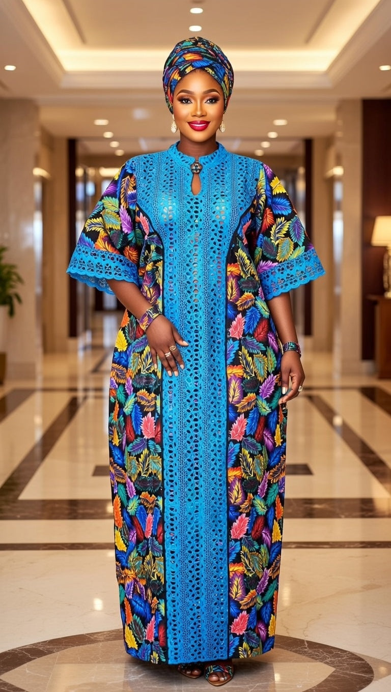 Turquoise African Lace Dress with Floral Print - Premium Ankara Kaftan