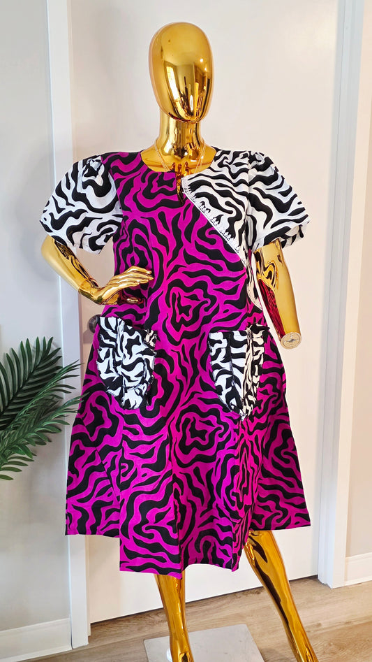 Bold Fuchsia & Black Ankara Print Dress - 100% African Wax Cotton