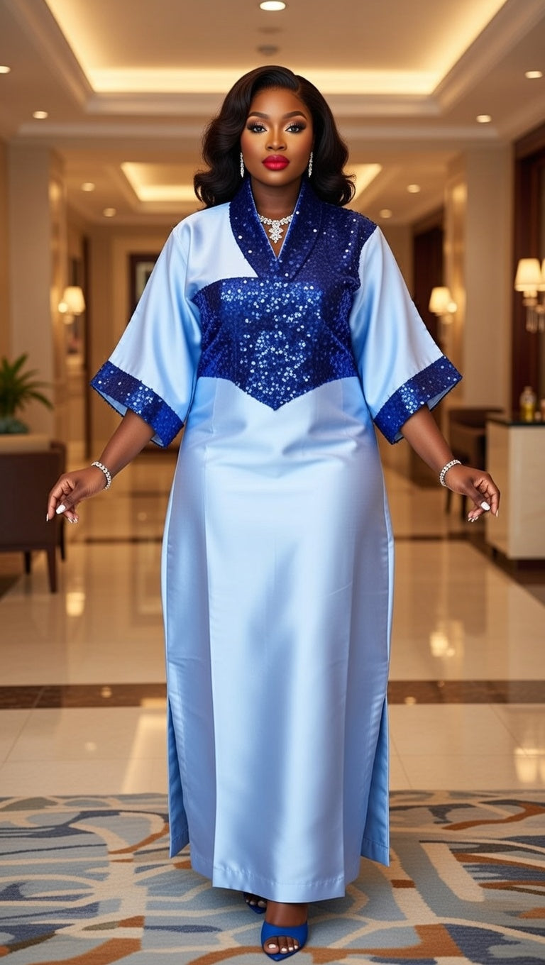 Elegant Sky Blue & Navy Sequin Kaftan - Premium African Fashion Boubou with free headwrap