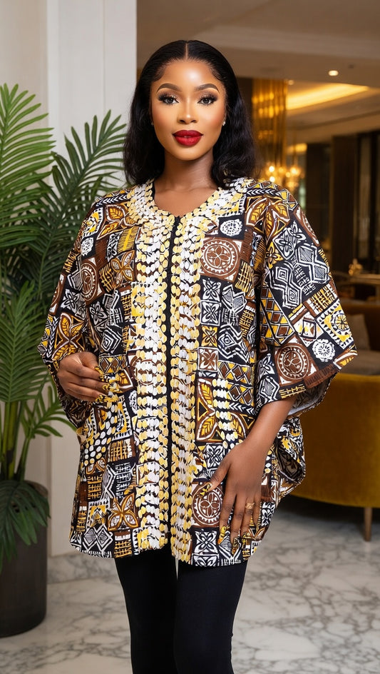 Tribal African Print Batwing Top with Beaded Embellishment