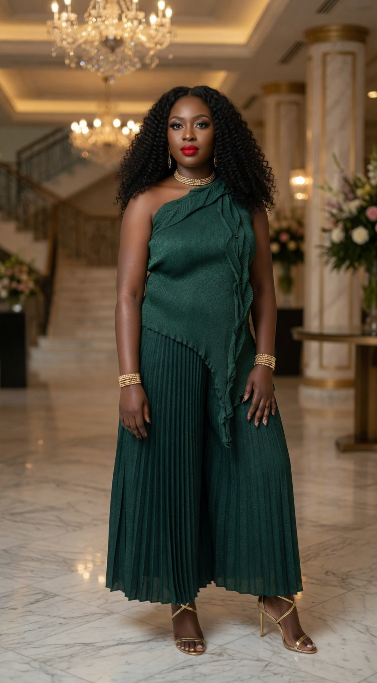 Pleated Ruffle One-Shoulder Set