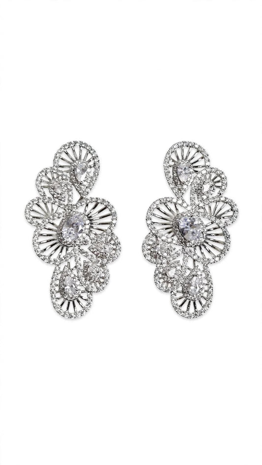 Silver Crystal Floral Cluster Stud Earrings
