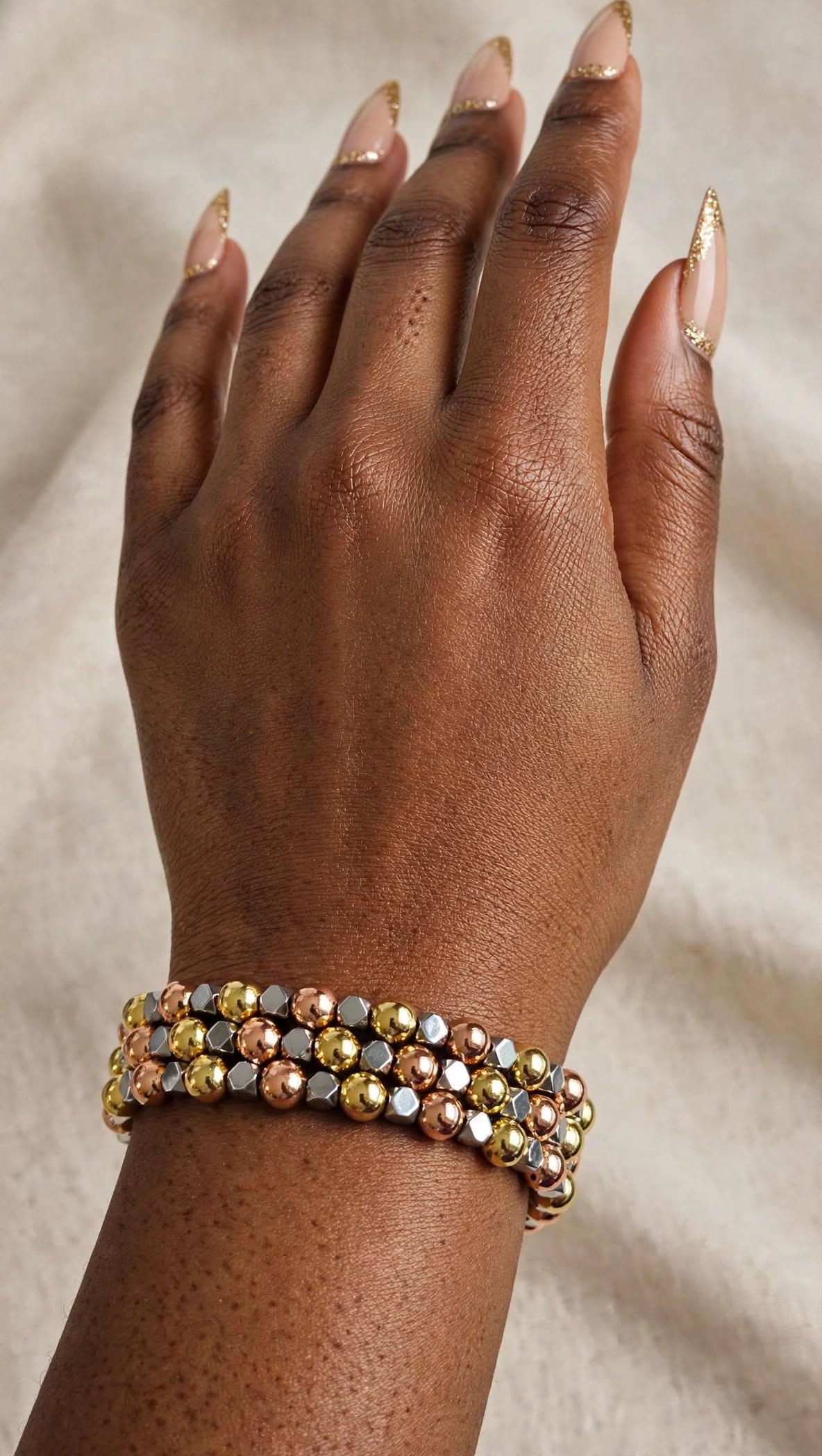 Tri-Tone Metal Bead Bracelet Stack – Gold, Rose Gold & Silver | Set of 3