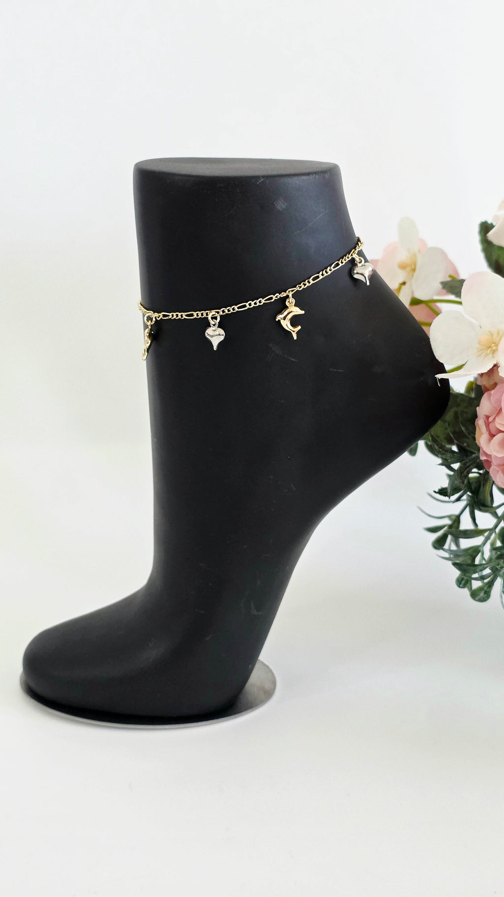 Gold Dolphin & Heart Charm Anklet