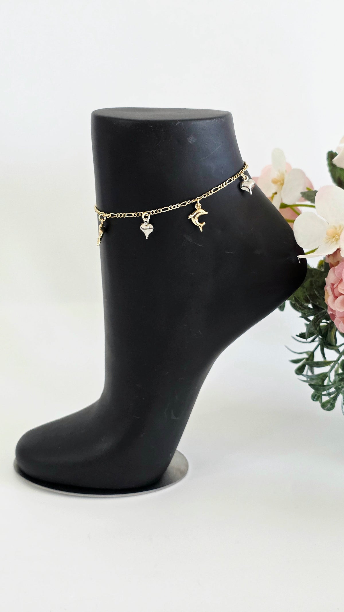 Gold Dolphin & Heart Charm Anklet