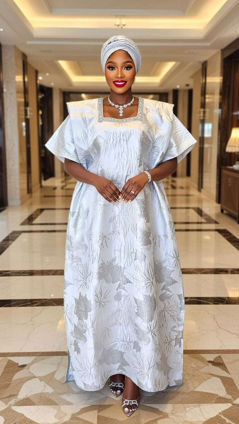 Elegant White African Lace Dress with Gele Headwrap