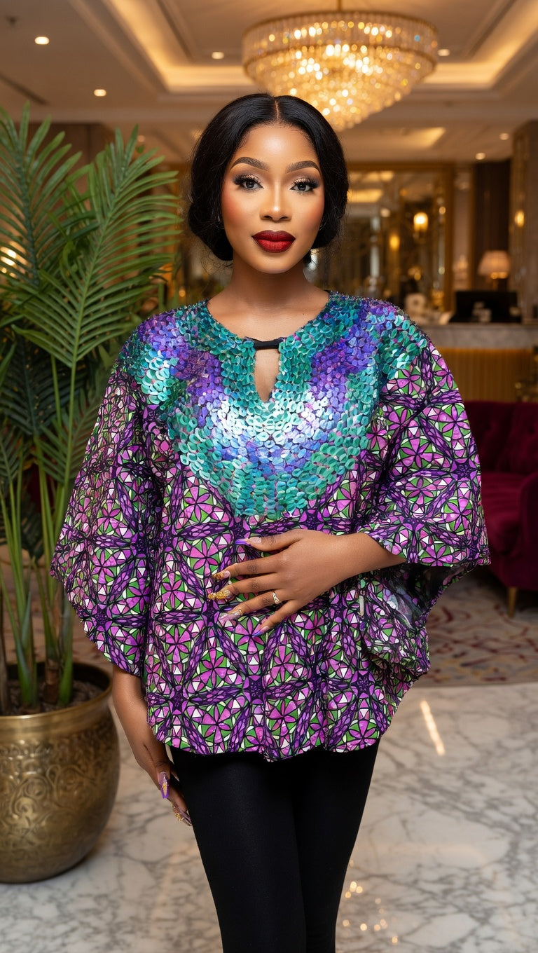 African Print Sequin Yoke Batwing Top