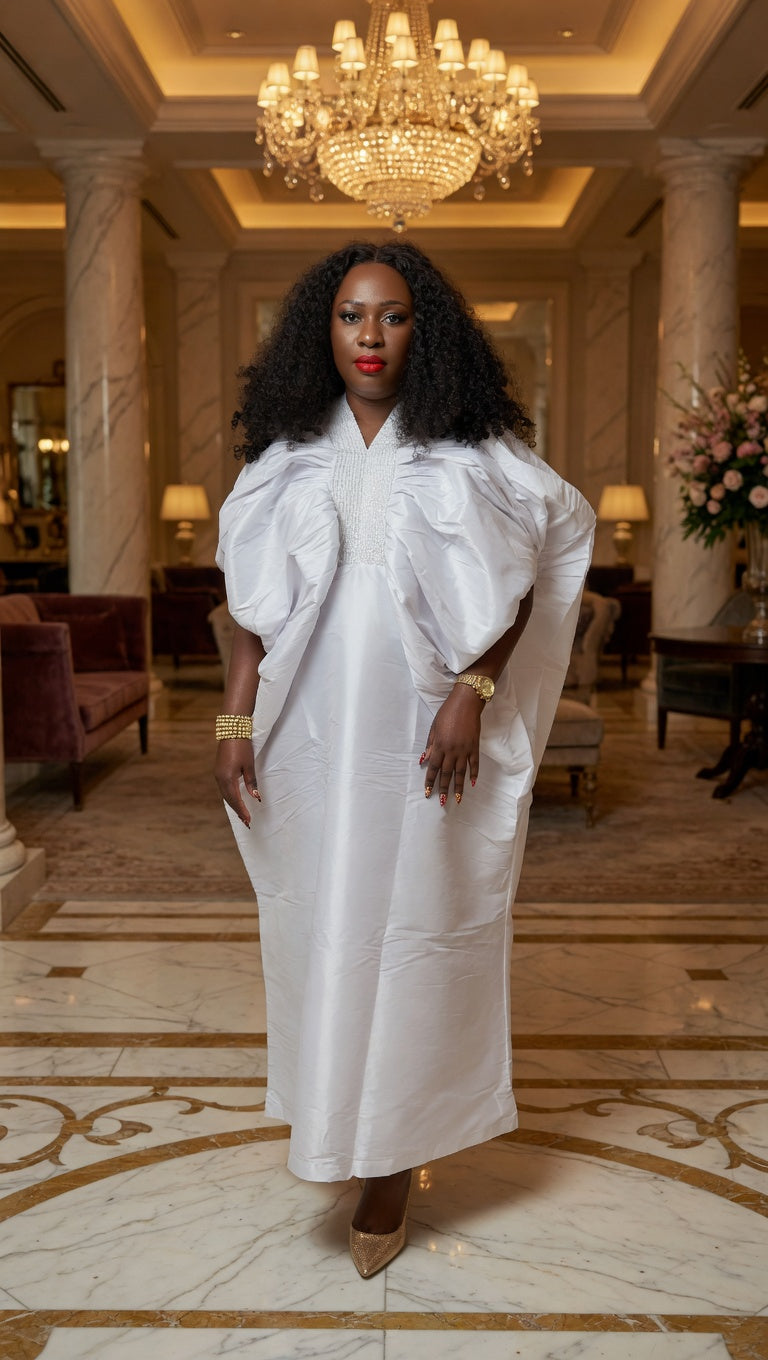 White Luxury Puff-Sleeve Kaftan Maxi Dress