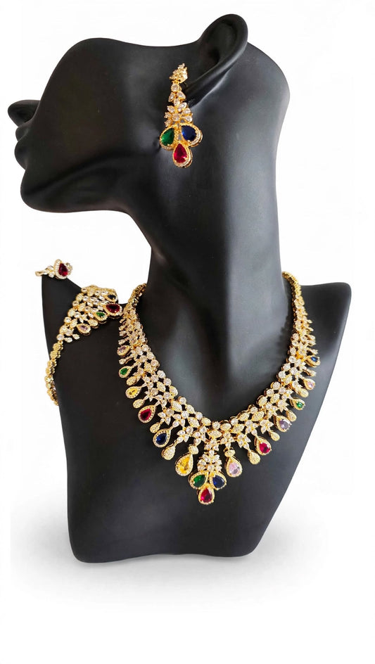 Multicolour Gemstone Necklace & Earring Set in Gold-Tone