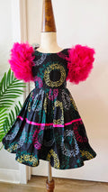 African Sequin Circle Print Girls' Dress with Hot Pink Tulle Puff Sleeves Age 1-2