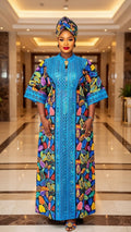Turquoise African Lace Dress with Floral Print - Premium Ankara Kaftan
