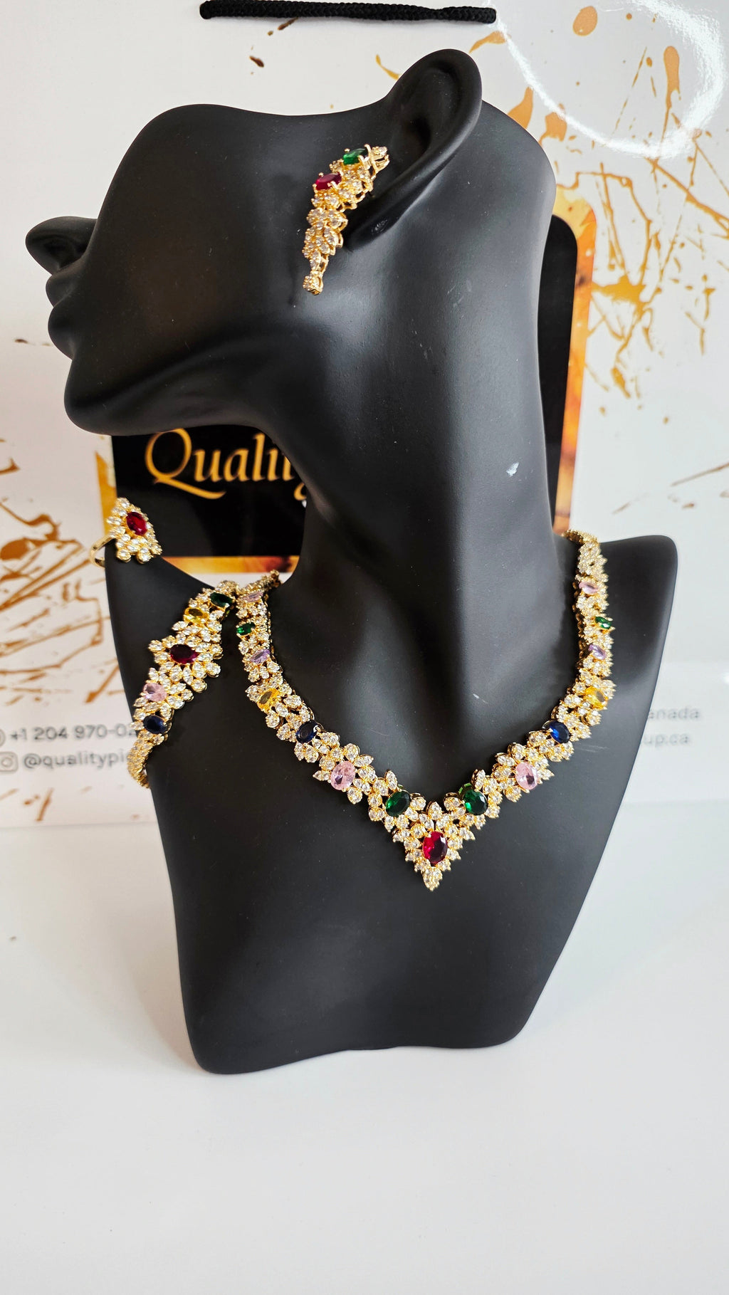 Multicolour CZ Floral Leaf 4pcs Jewelry Set – Necklace, Bracelet & Earrings
