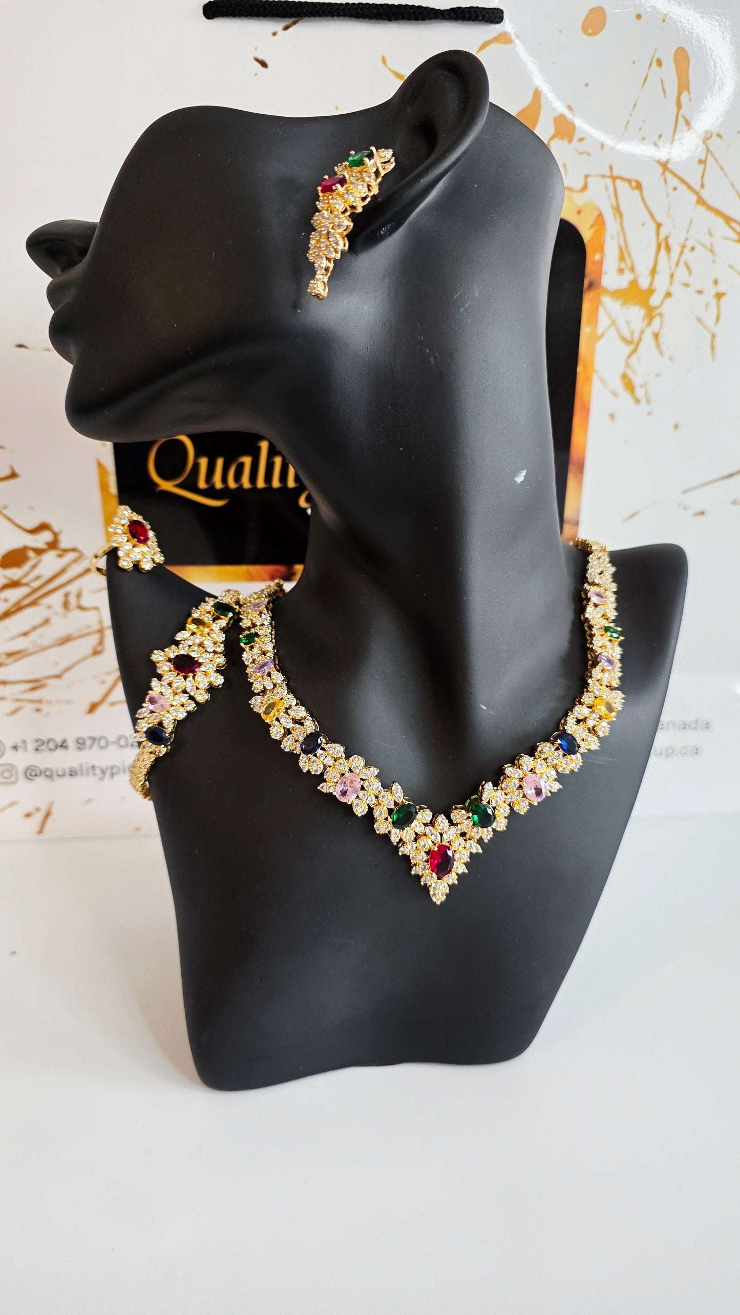 Multicolour CZ Floral Leaf 4pcs Jewelry Set – Necklace, Bracelet & Earrings