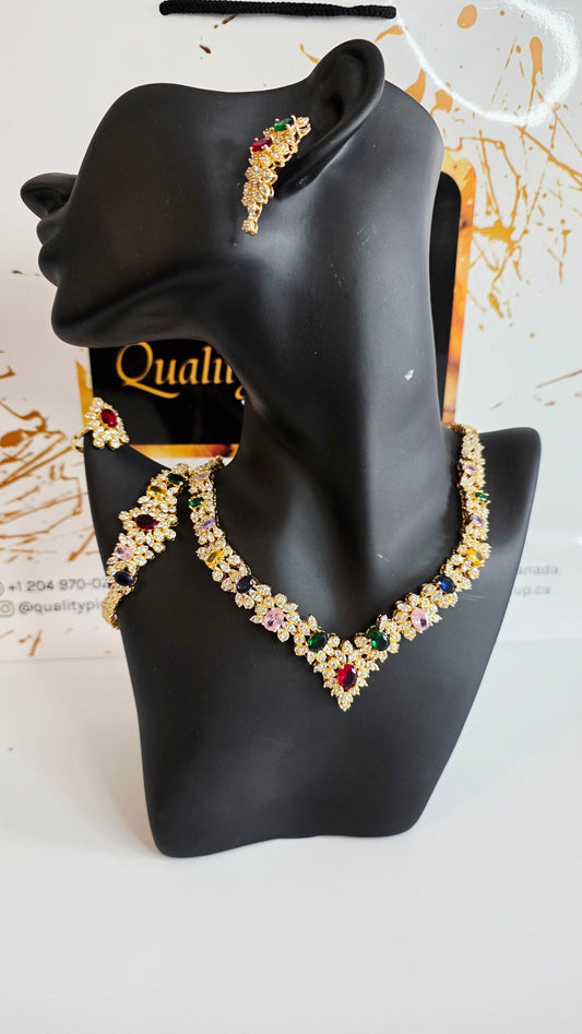 Multicolour CZ Floral Leaf 4pcs Jewelry Set – Necklace, Bracelet & Earrings