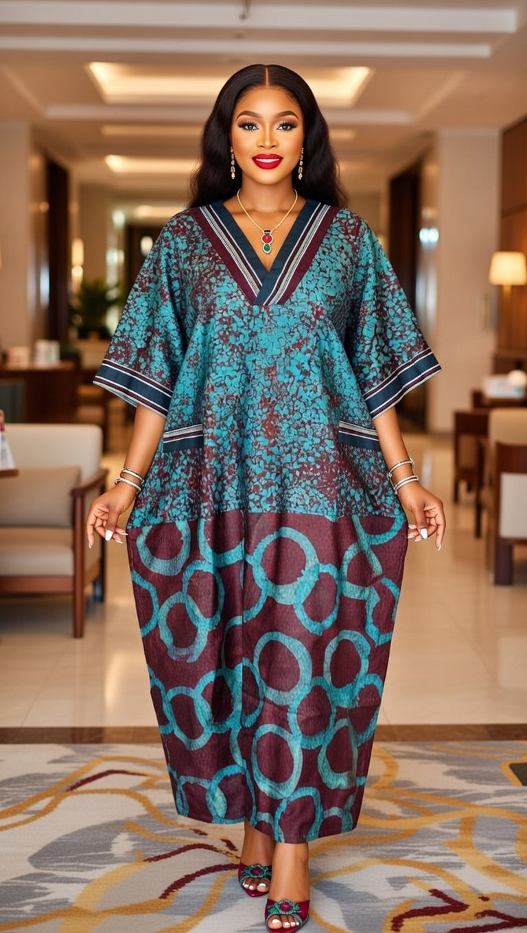 Elegant Teal and Burgundy Adire Kaftan with Circle Patterns Perfect for L and XL