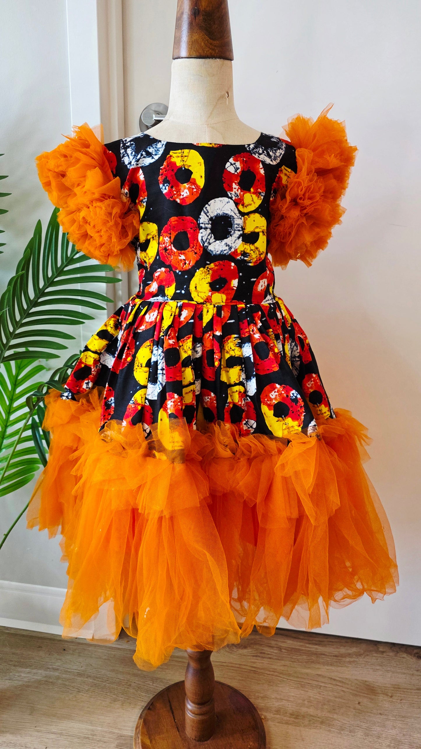 African Ankara Print Girls' Dress with Orange Tulle Skirt & Feather Sleeves Age 3-4