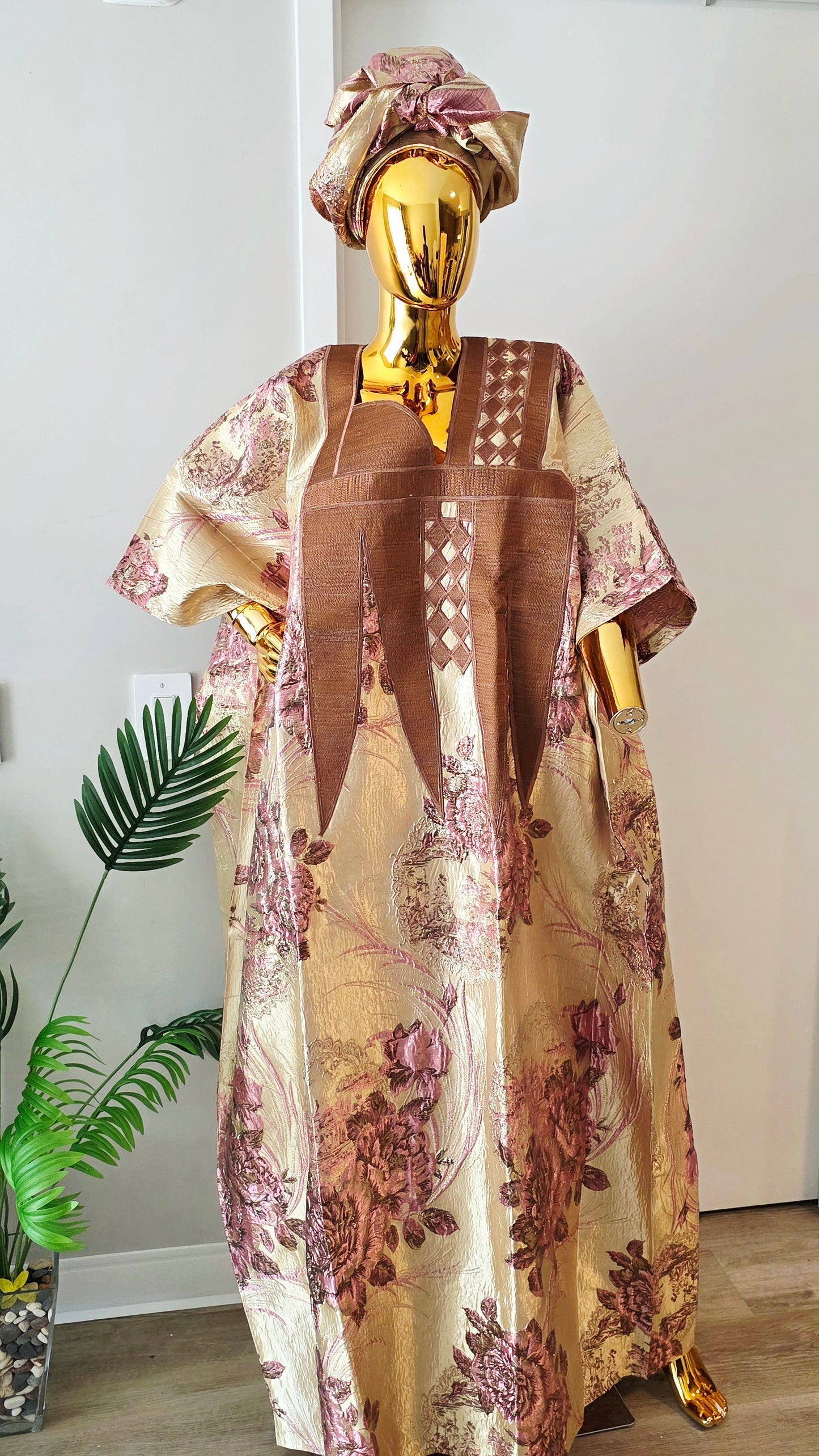 Luxe Floral Brocade Kaftan with Matching Gele